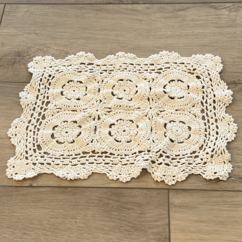 Handmade Crochet Doily Dresser Scarf Table Runner Soil 9"X12" Cottage Country